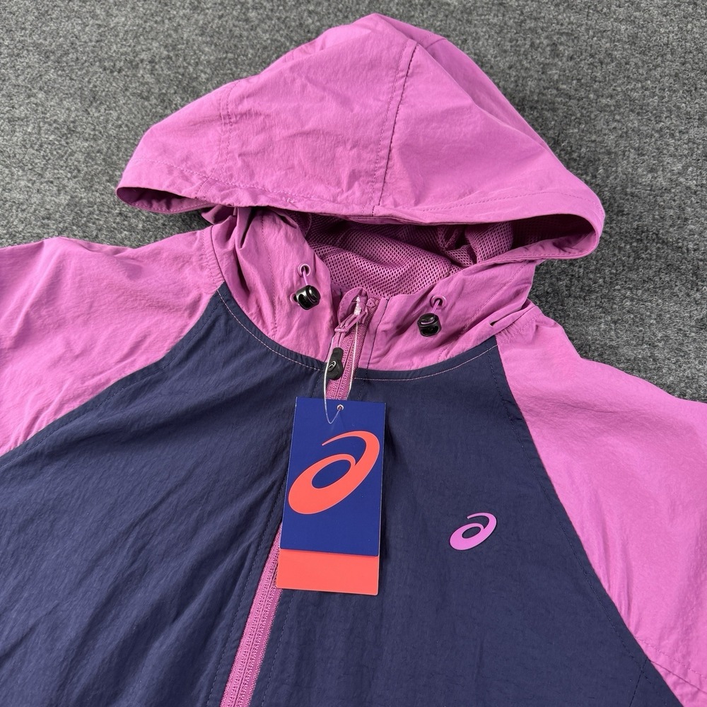 Asics Womens‎ Anorak Jacket M Hooded Half Zip Pockets Windbreaker Blue Pink NWT